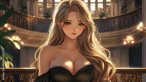 A poised anime woman overlooking a grand city skyline