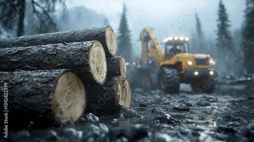 Fototapeta Naklejka Na Ścianę i Meble -  Logging scene with cut tree trunks and a tractor in a forest