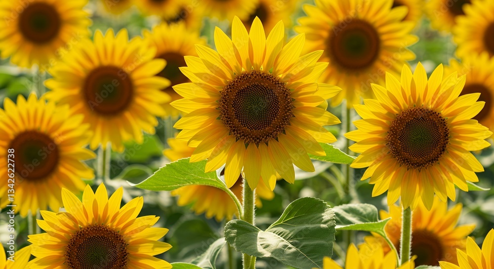 Blooming Sunflower Field with Yellow Petals and Green Leaves Background Blooming Sunflower Field with Yellow Petals and Green Leaves Background