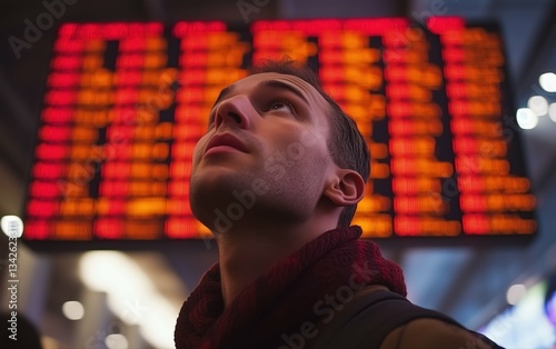 Young Man Looks Up at a Vibrant Red Departure Board,Lost in Thought at Night photo