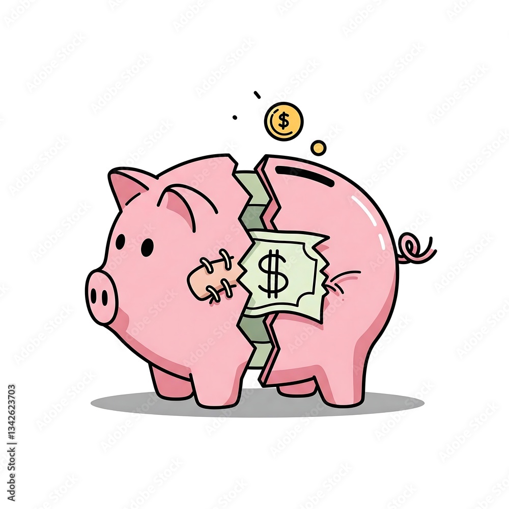 Fototapeta premium a broken piggy bank with a torn dollar bill stitch, symbolizing patched-up finances , patched finances, money repair, economic fix, fiscal mend, financial recovery, budget repair, monetary solution, 