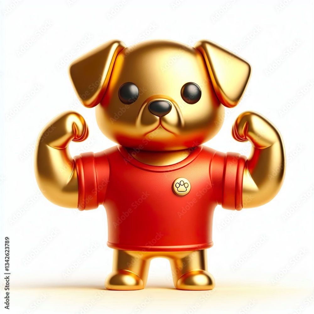Naklejka premium 3d metallic gold Brave and strong cute dog with a red t-shirt Illustration on a white background