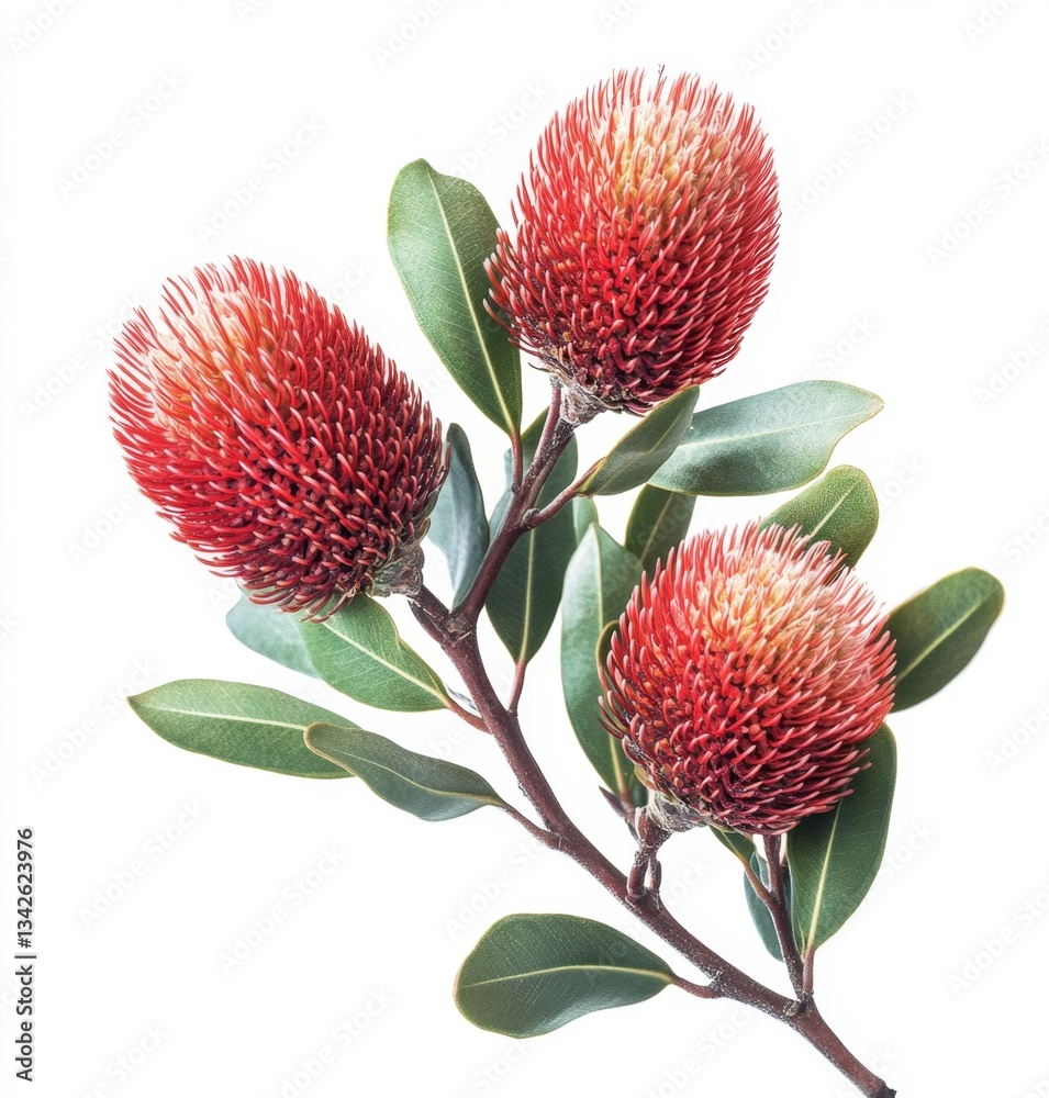 Stunning close-up of vibrant red Australian native flowers on branch with lush green leaves, showcasing the beauty of nature in a bright and elegant composition Stunning close-up of vibrant red Australian native flowers on branch with lush green leaves, showcasing the beauty of nature in a bright and elegant composition