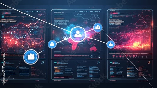 Futuristic digital interface with glowing network connections and data streams