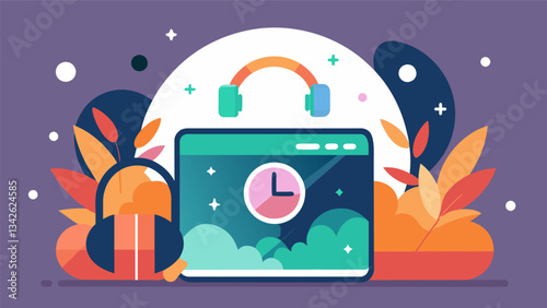 A calming background music playlist that automatically starts after a certain amount of screen time signaling its time for a break.. Vector illustration