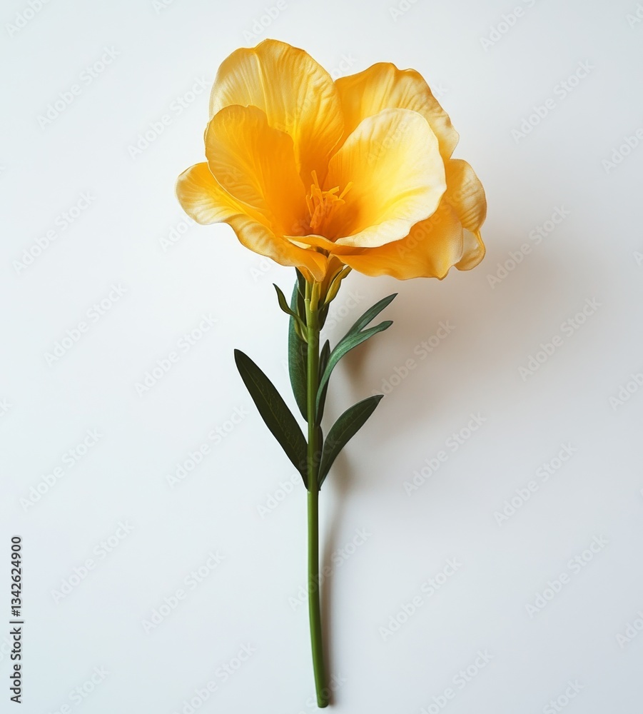 Beautiful Yellow Flower with Delicate Petals and Green Stem on White Background for Nature and Botanical Photography Beautiful Yellow Flower with Delicate Petals and Green Stem on White Background for Nature and Botanical Photography