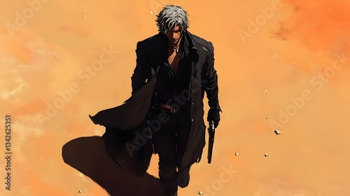 Lone anime bounty hunter traverses a desolate desert wasteland