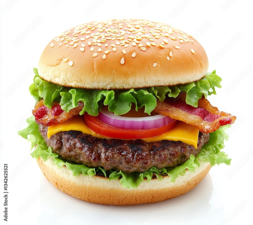 Juicy Hamburger with Bacon, Lettuce, Tomato, Onion, and Cheese on a Sesame Seed Bun Against a White Background Juicy Hamburger with Bacon, Lettuce, Tomato, Onion, and Cheese on a Sesame Seed Bun Against a White Background
