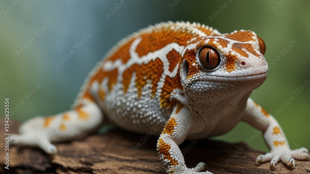 Naklejka premium Close-up of a beautiful gecko with vibrant orange and white patterns, perched on a branch. Details on its scales and eyes are clearly visible