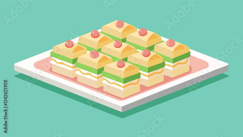 A tray of bitesized tea sandwiches filled with cucumber egg salad and ham and cheese for dainty and tasty snacking.. Vector illustration