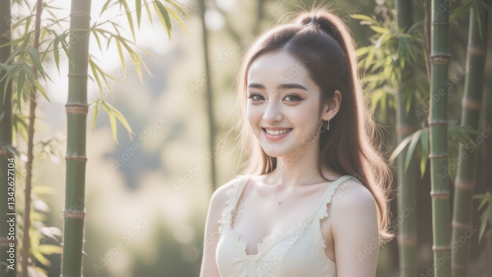 Smiling Asian Woman in Bamboo Forest, Happy Girl in Nature, Serene Portrait, Beautiful Face, Green Landscape Smiling Asian Woman in Bamboo Forest, Happy Girl in Nature, Serene Portrait, Beautiful Face, Green Landscape