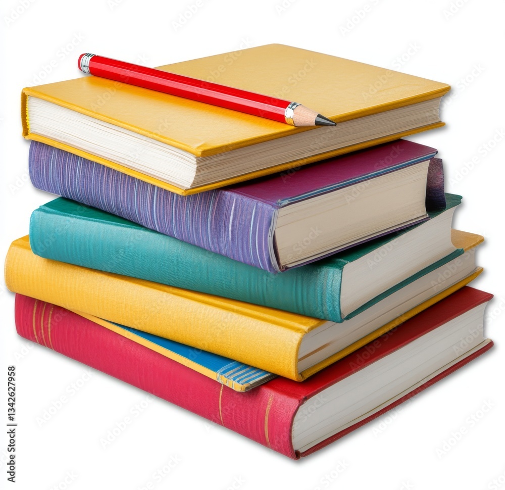 Stacked Colorful Books with Red Pencil on White Background for School, Education, Literature, Knowledge, Learning, Study, Library, and Academic Purposes Stacked Colorful Books with Red Pencil on White Background for School, Education, Literature, Knowledge, Learning, Study, Library, and Academic Purposes