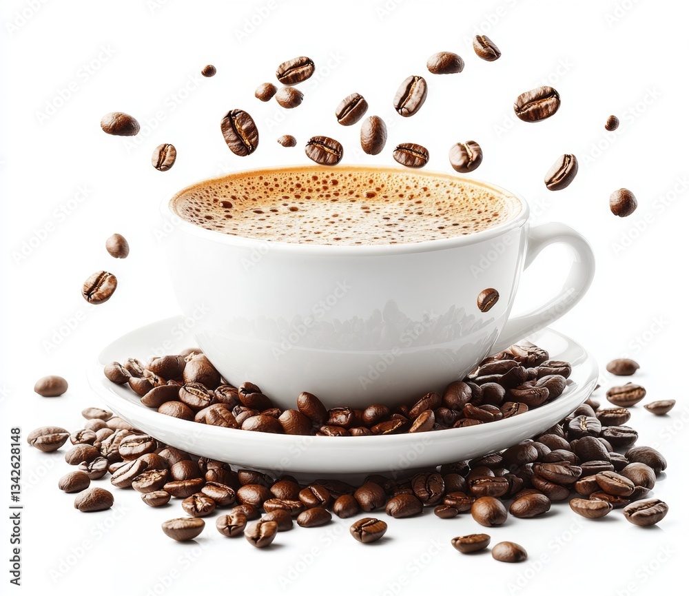 Obraz premium Fresh Brewed Coffee in White Cup Surrounded by Roasted Coffee Beans with Floating Beans Against White Background