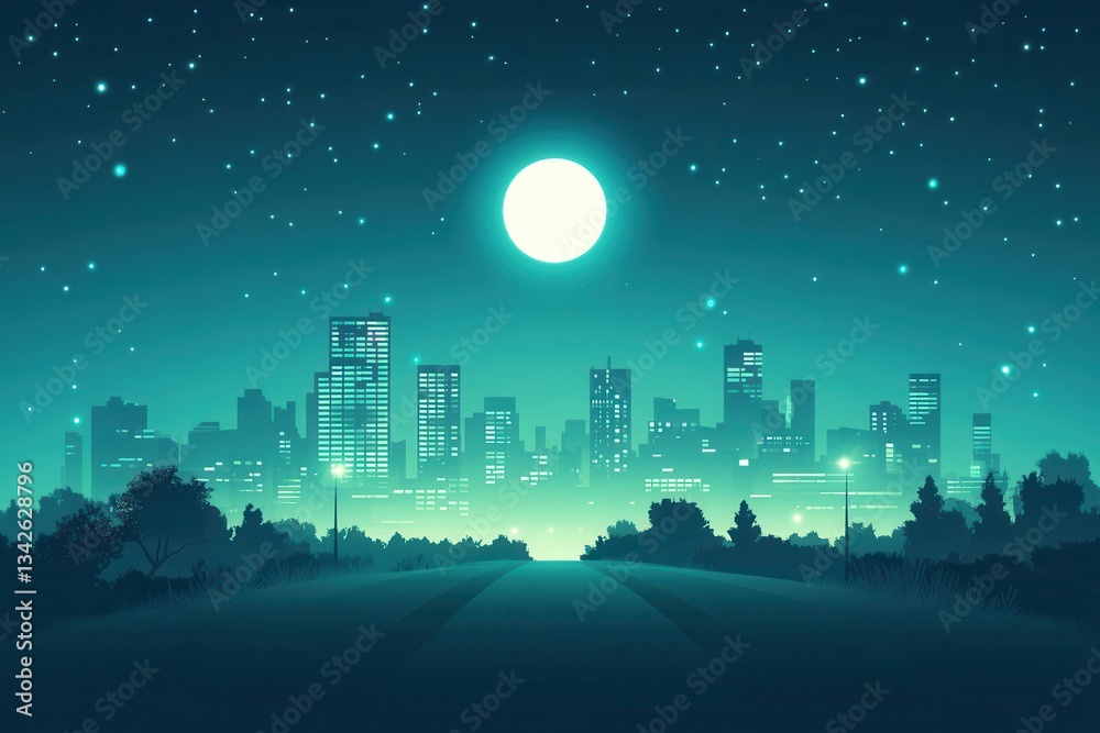 Fototapeta premium Nighttime Cityscape with Stars and Moonlight in Digital Art Style