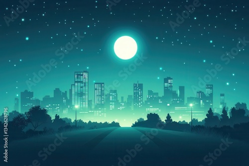 Nighttime Cityscape with Stars and Moonlight in Digital Art Style