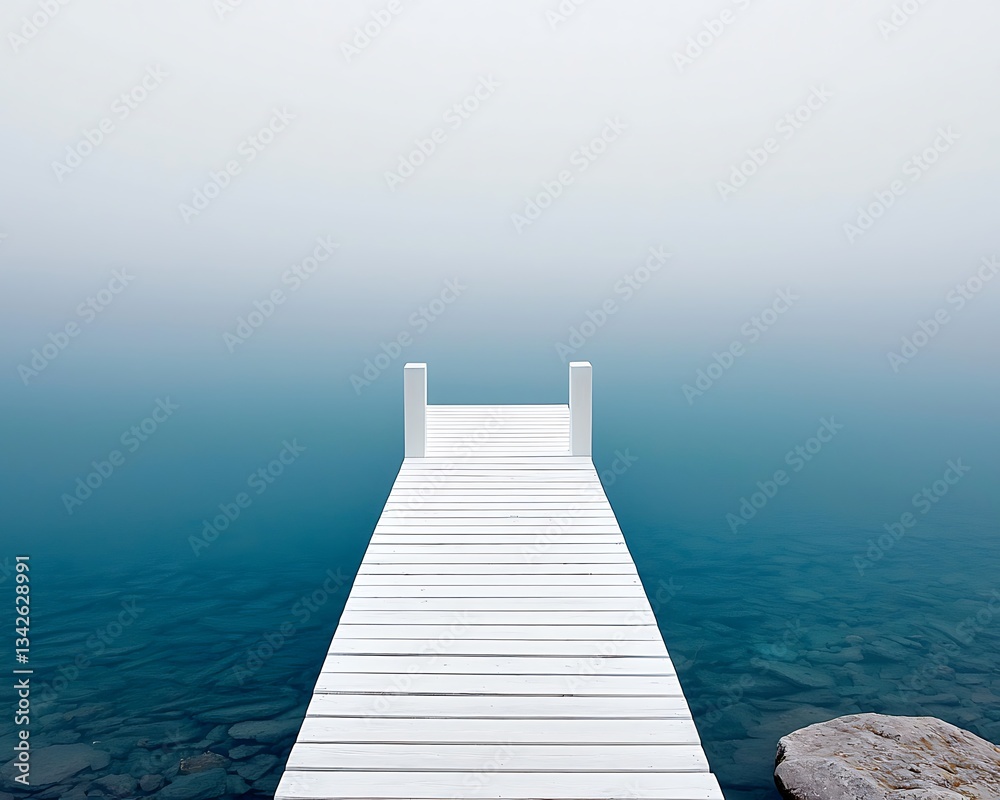 Fototapeta premium Misty Lake for White Dock, Serenity.