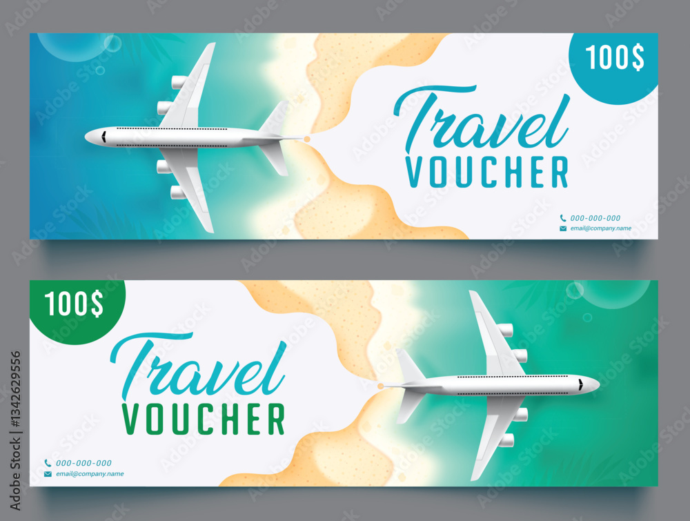 Travel voucher vector banner set. Travel voucher collection text with airplane flight element for gift check coupon advertisement promo design. Vector illustration.