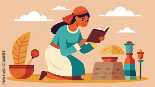 An archaeologist carefully records and analyzes data on ancient artifacts using the information to understand the cultural practices and beliefs of civilizations long ago.. Vector illustration