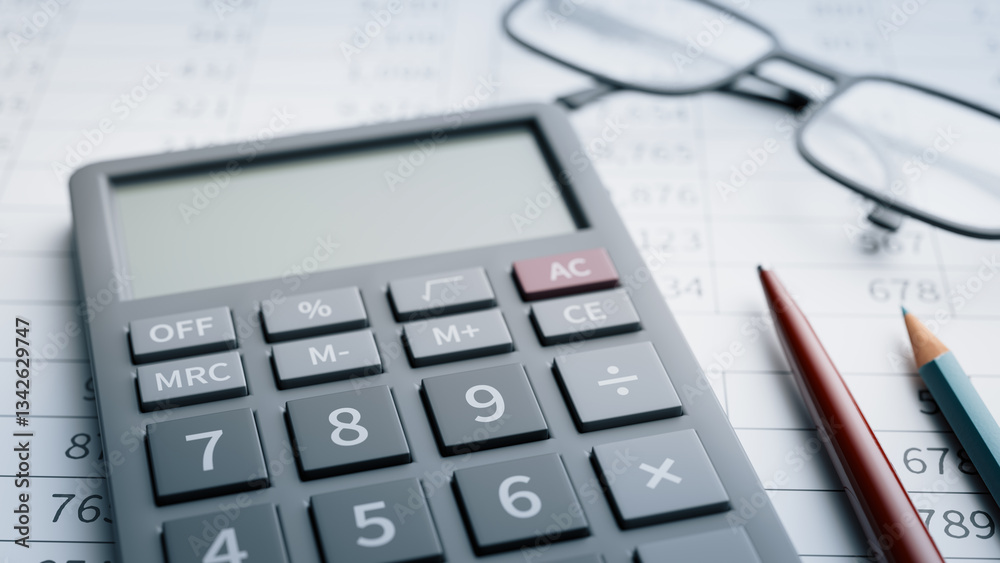 Check finances with a calculator on desk, 3d rendering Check finances with a calculator on desk, 3d rendering