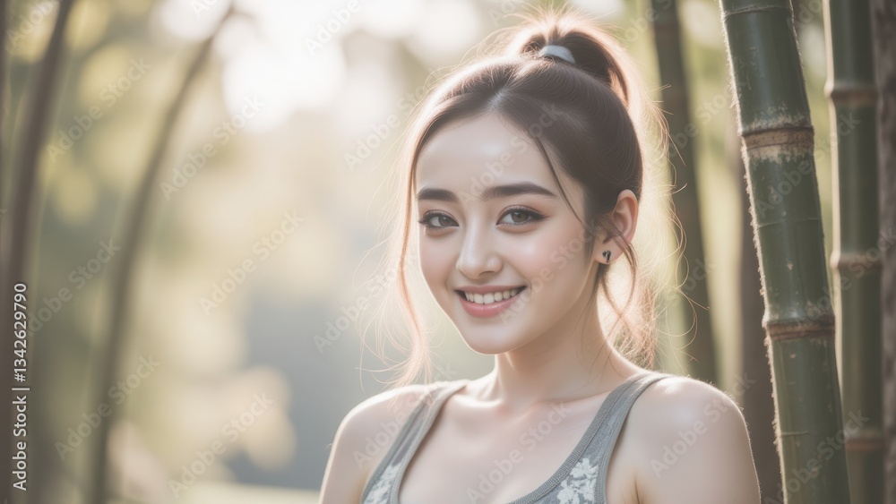 Smiling Asian Woman in Nature with Bamboo: Portrait, Beauty, Wellness, and Outdoor Lifestyle Smiling Asian Woman in Nature with Bamboo: Portrait, Beauty, Wellness, and Outdoor Lifestyle