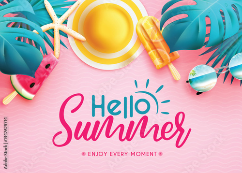 Summer vector background design. Hello summer greeting text with monstera leaves, popsicles and hat 3d elements for tropical hot season object decoration. Vector illustration.
