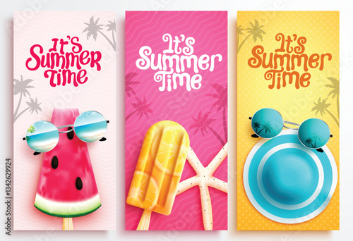 Summer time vector poster set. It's summer time text collection with watermelon popsicle and hat elements for tropical holiday vacation. Vector illustration.

