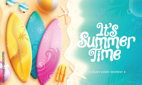 Summer holiday vector design. It's summer time text in beach seashore with surfboard and beach ball elements for fun and enjoy outdoor vacation. Vector illustration.
