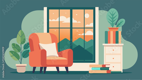 A peaceful reading nook with a cozy armchair p by a large window perfect for cuddling up with a good book and soaking up the natural light.. Vector illustration