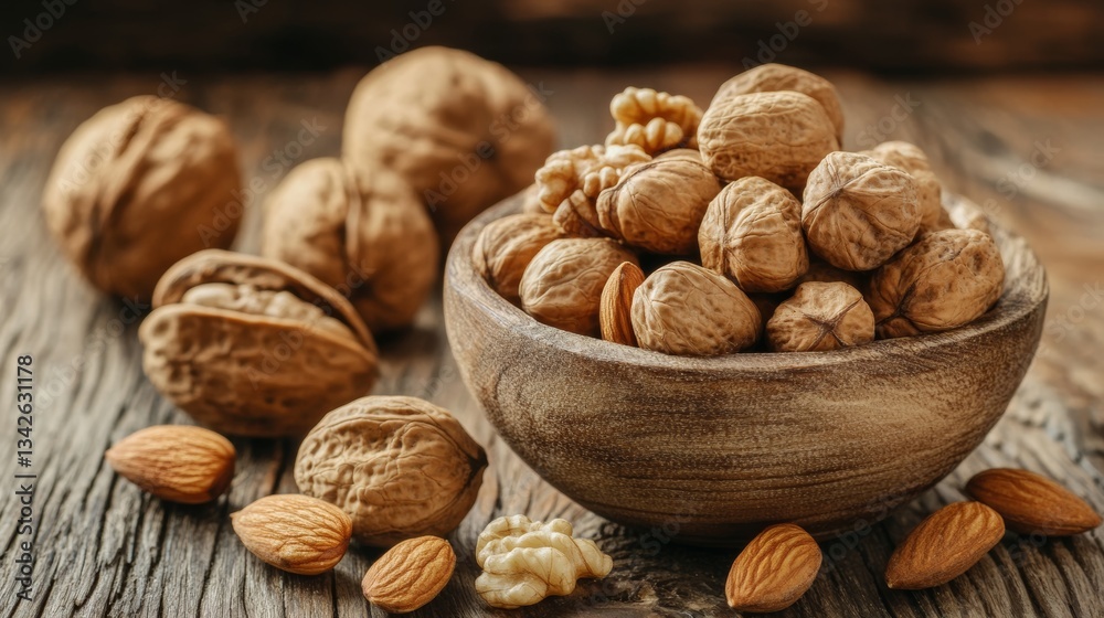 Variety of nuts displayed in a rustic wooden bowl on a textured surface Variety of nuts displayed in a rustic wooden bowl on a textured surface