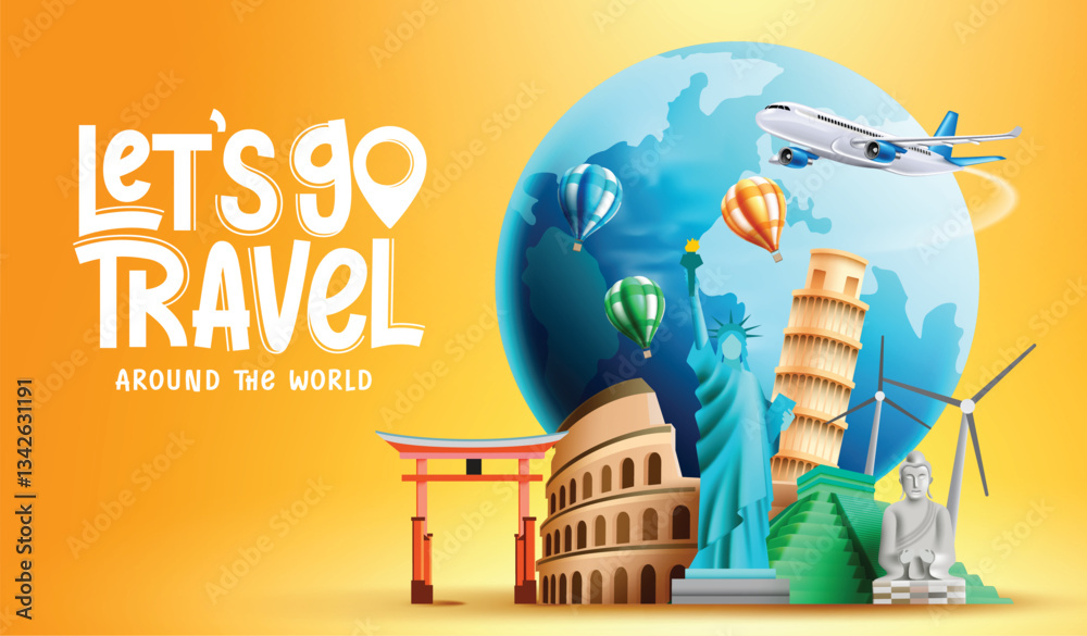 Travel worldwide vector background design. Travel the world text with famous tourist destination landmark and globe elements for worldwide tourism visit. Vector illustration.