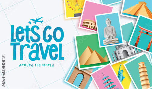 Travel international vector design. Let's go travel text with famous tourist destination landmark in photographs element for worldwide tourism visit. Vector illustration.
