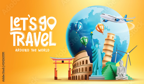 Obraz na płótnie Travel worldwide vector background design. Travel the world text with famous tourist destination landmark and globe elements for worldwide tourism visit. Vector illustration.
w salonie