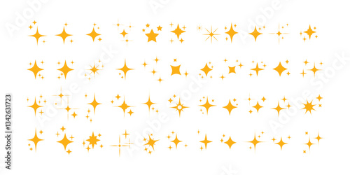 Set of blinking stars, sparks and sparkles. Shining twinkle sunburst shapes collection. Magic light flare pack for design template, poster, banner, brochure, leaflet. Vector glint glitter illustration