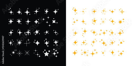 Collection of different vector sparkling stars icon, decorative twinkle and bursts forms, abstract shining flash symbols, glowing light effect, y2k style basic shapes geometric graphic elements.
