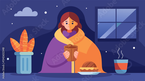The chilly air was soon forgotten as I snuggled up in a blanket a steaming cup of hot chocolate in one hand and a plate of warm churros in the other.. Vector illustration