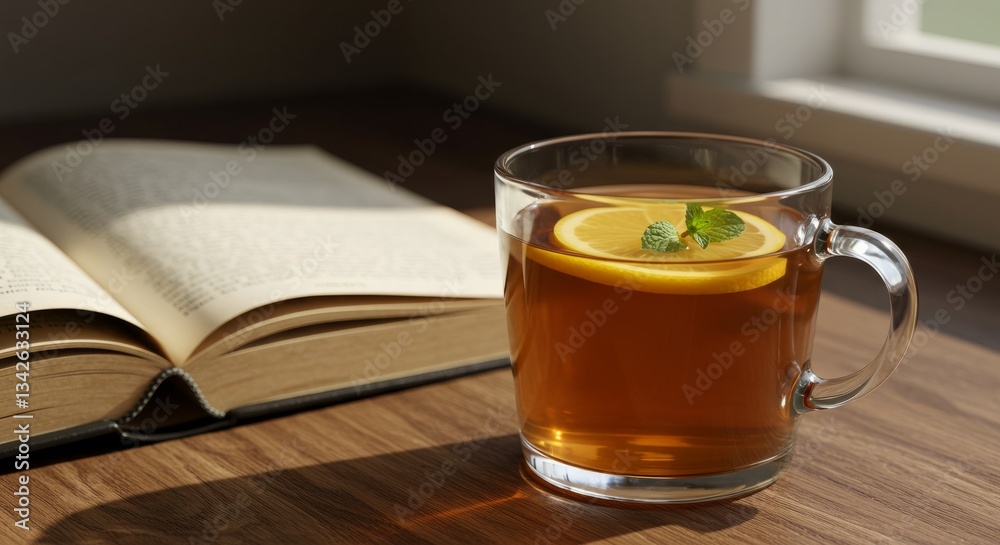 Glass Mug of Tea with Lemon and Mint Beside an Open Book on Wooden Surface in