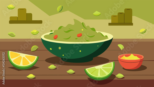 On a nearby table a large bowl of fresh guacamole is being constantly replenished disappearing almost as soon as its served.. Vector illustration