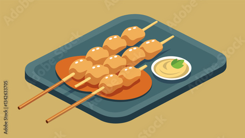 A tray of savory chicken satay skewers served with a creamy peanut dipping sauce and chopped peanuts for added crunch.. Vector illustration