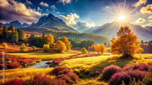 Autumn Mountain Landscape with Golden Sunlight