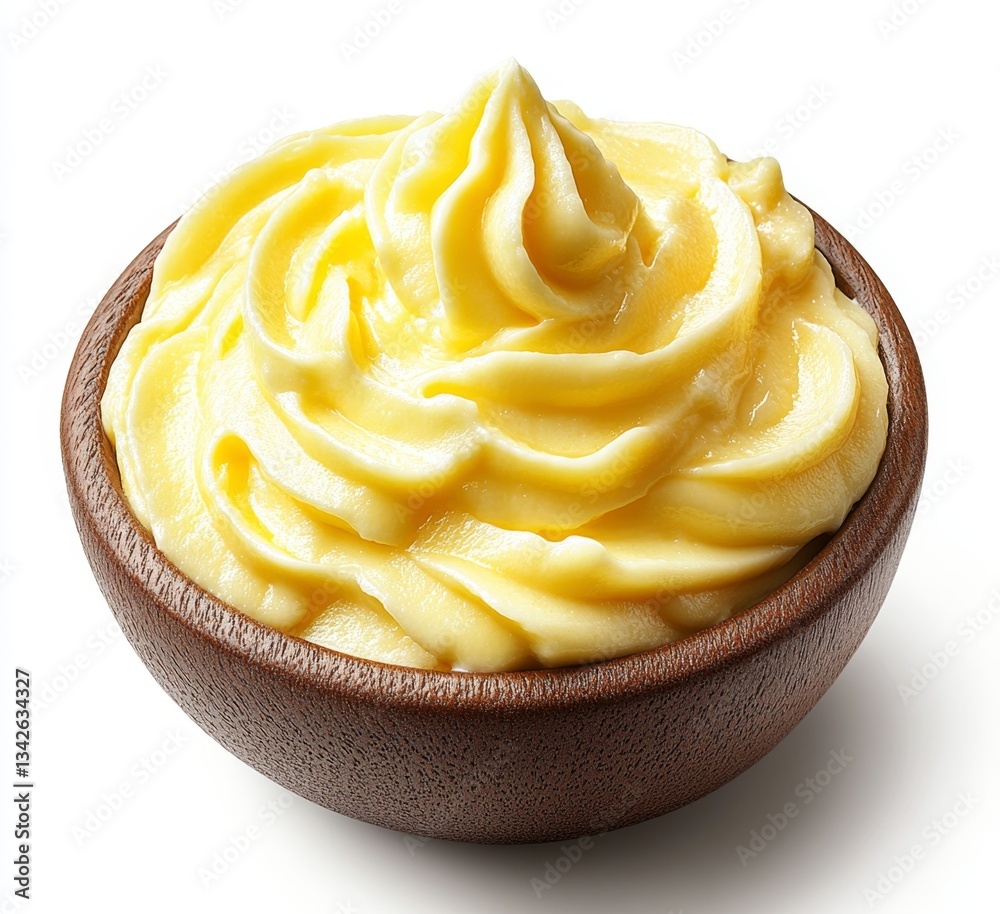 Creamy and Smooth Yellow Butter Spread in a Wooden Bowl on a Bright White Background for Culinary and Food Photography Creamy and Smooth Yellow Butter Spread in a Wooden Bowl on a Bright White Background for Culinary and Food Photography