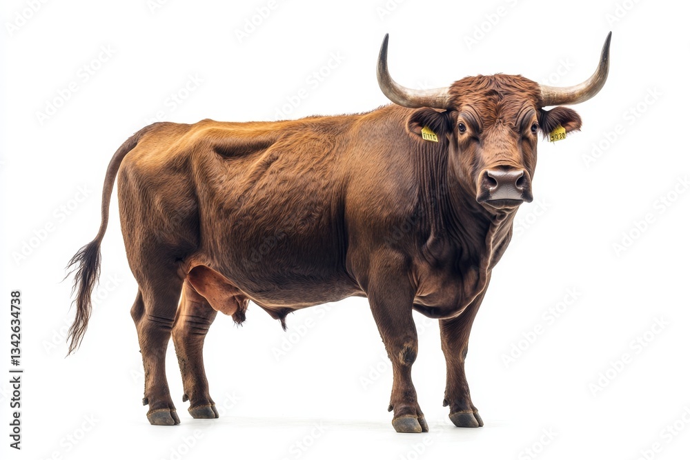 Brown Bull with Large Curved Horns Standing Against a White Background, Showcasing Muscular Build and Distinctive Features of Farm Animal Brown Bull with Large Curved Horns Standing Against a White Background, Showcasing Muscular Build and Distinctive Features of Farm Animal
