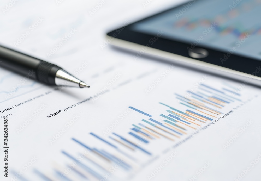 Analyzing financial data with bar charts, a pen, and a tablet for strategic business planning. Analyzing financial data with bar charts, a pen, and a tablet for strategic business planning.