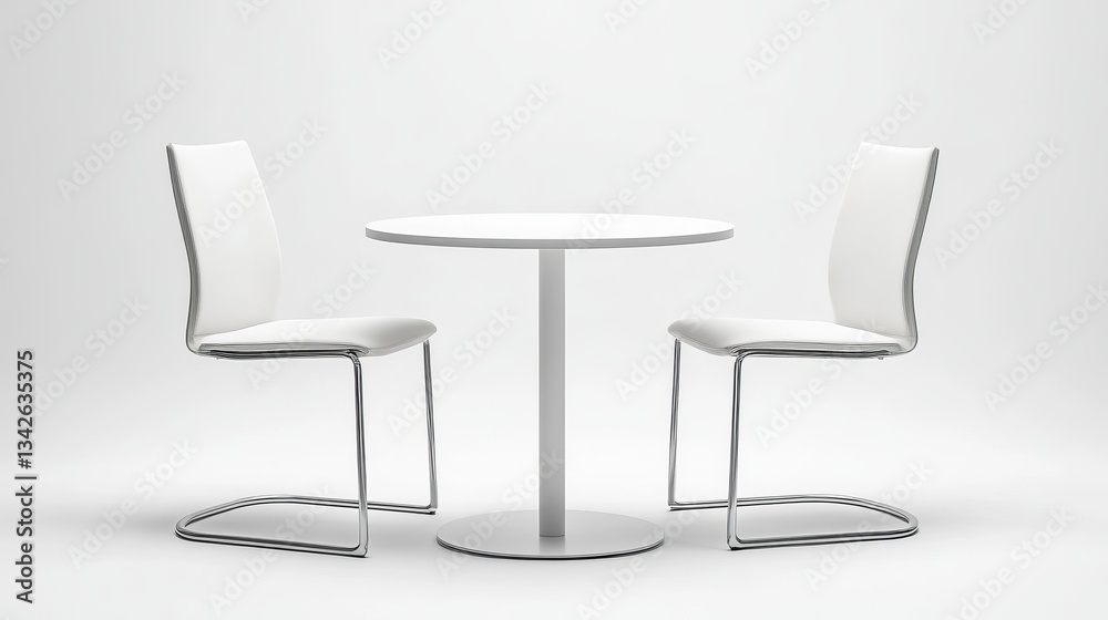 A white round table accompanied by two chairs, isolated on a plain white background A white round table accompanied by two chairs, isolated on a plain white background