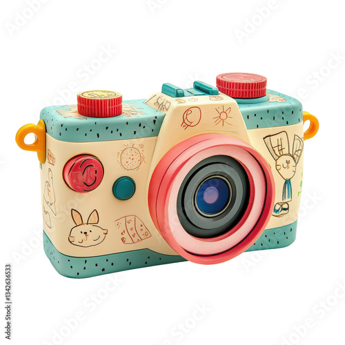 Whimsical toy camera. Kid's camera with hand-drawn doodles. Photography fun for children. Playtime creativity. on transparent background
