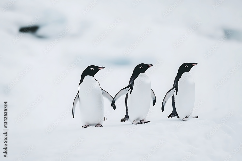 Obraz premium Three penguins walk together on snow, ice floes background, winter wildlife scene, nature photos