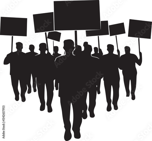 Silhouette of a large crowd marching with protest signs, activism and unity vector silhouette
