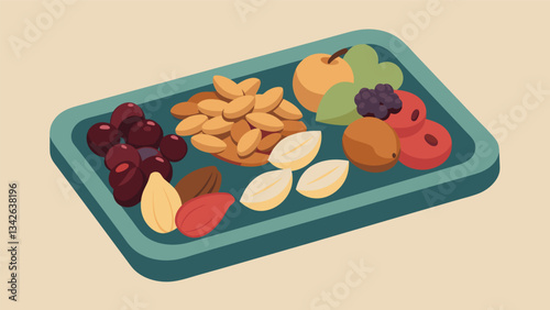 A tray of mixed nuts and dried fruits including almonds apricots and cranberries for a healthy and satisfying snack option.. Vector illustration