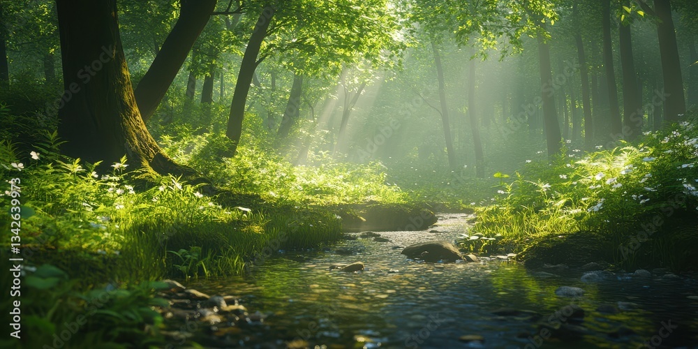 Fototapeta premium Serene Spring Forest with Sunlight and Gentle Stream