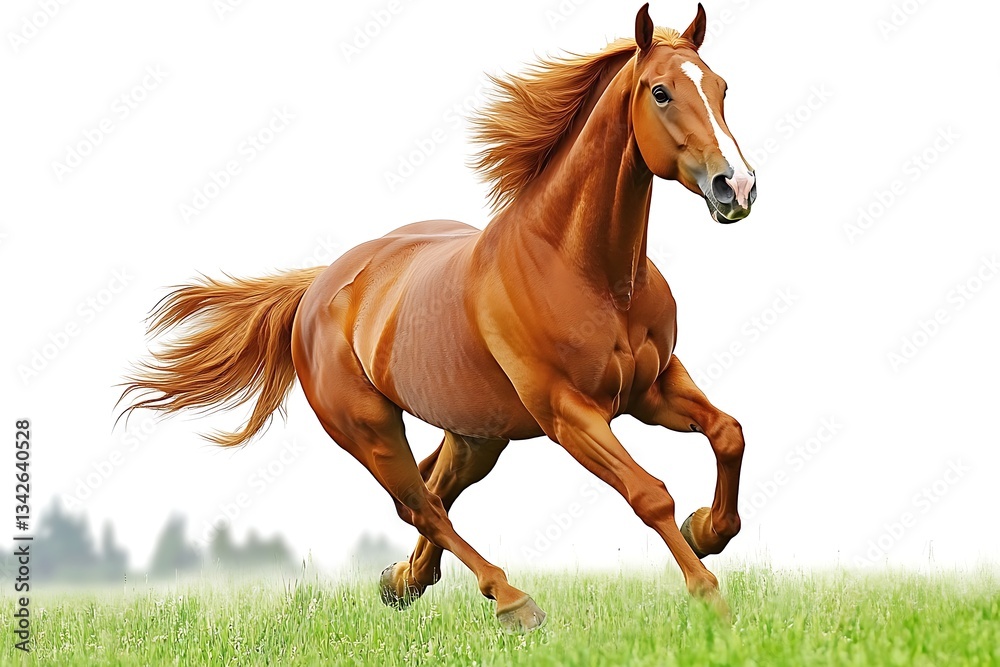 Obraz premium Galloping horse running across green grass with background of trees, white sky. Image for website
