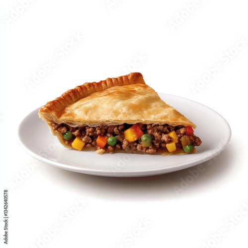 Slice of meat and vegetable pie on plate